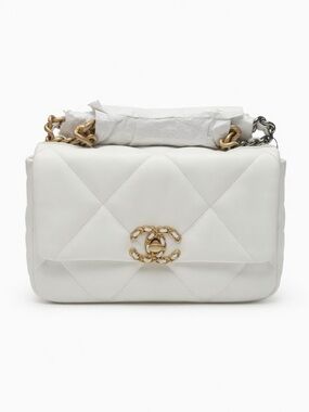 NWT CHANEL White Quilted 19 Handbag with Gold & Silver Chain